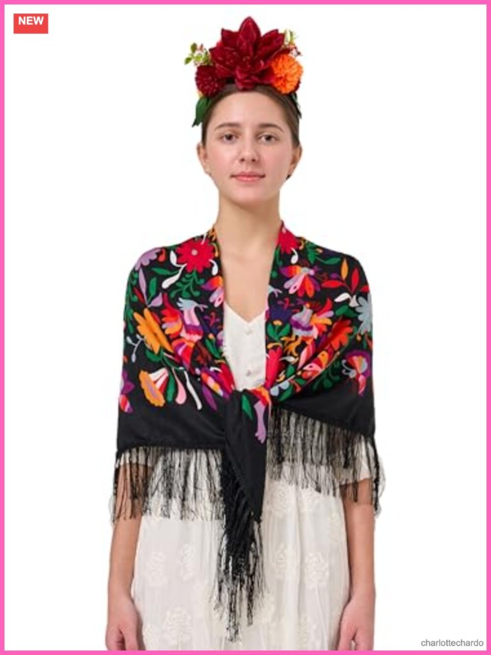 Frida Khalo Fuchsia Flower Headband & Tassel Shawl Wrap Set